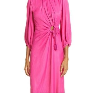 Farm Rio Bright Pink Long Sleeve Blouson Dress with Round Cutout - Large - NWOT